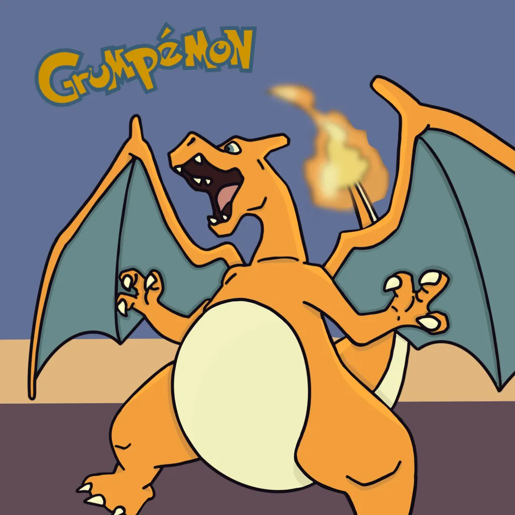 Full body Grumpemon illustration of Charizard breathing fire