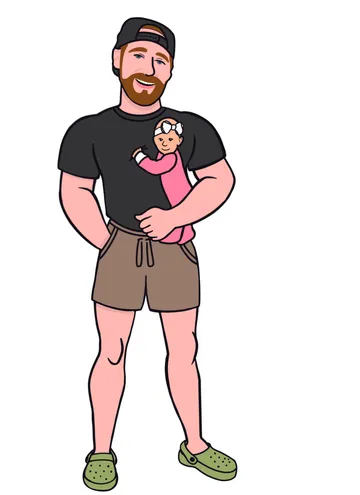 A full-body commission of a dad holding a baby in Katelyn's style