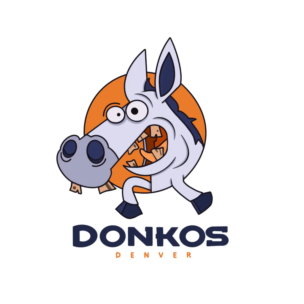 Denver Donkos mascot illustration of a braying donkey
