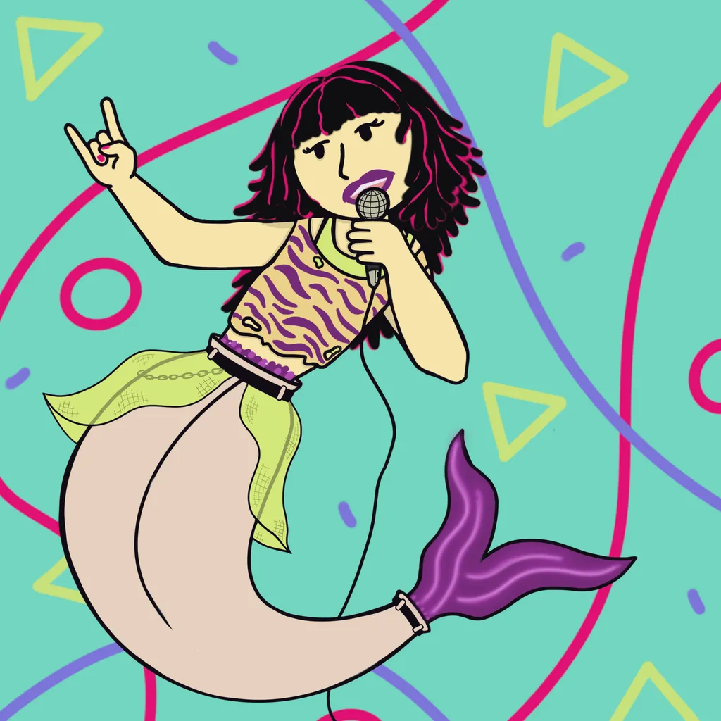 Full body drawing of a mermaid with flowing hair