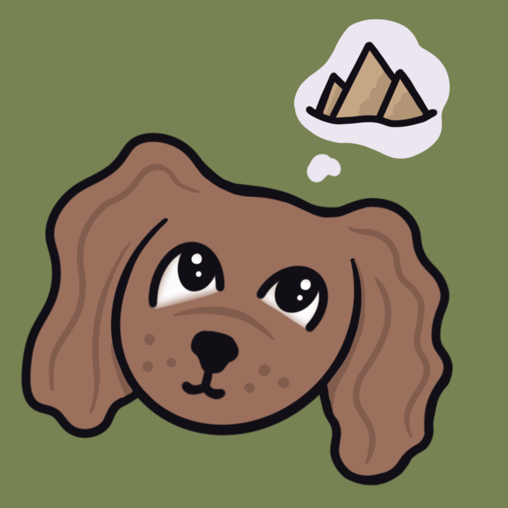 Caricature of Penny the dog on an adventure