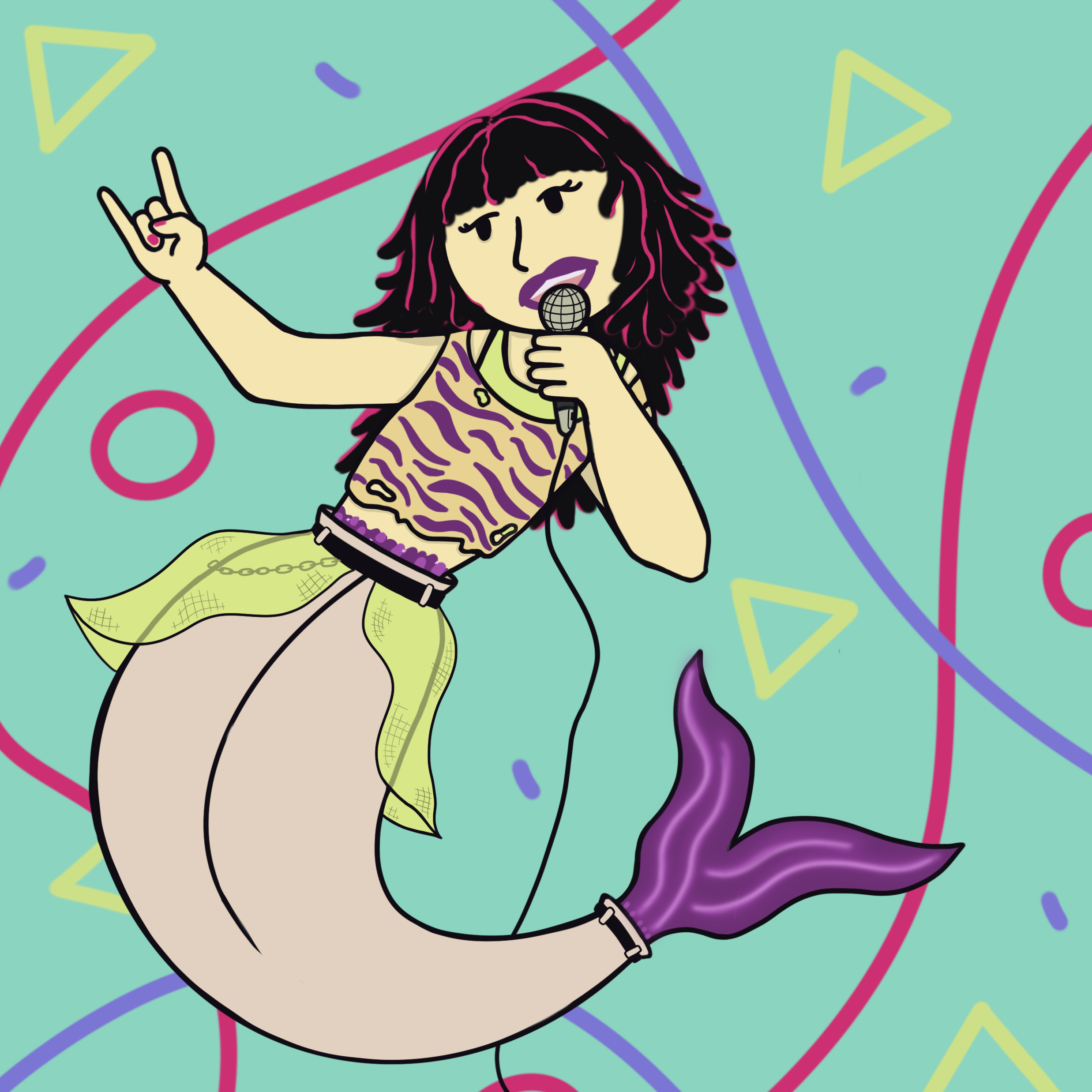 Full body drawing of a mermaid with flowing hair